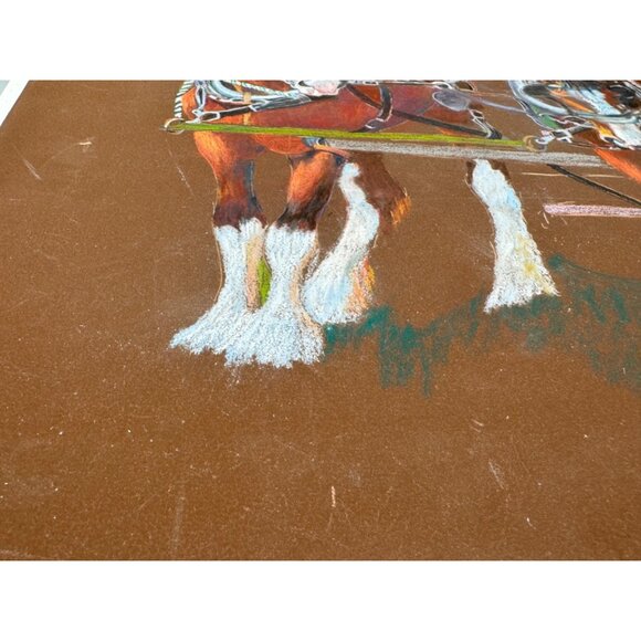 Vintage Equestrian Artwork Two Draft Horses Harness brown western 20.5x16" READ - Picture 5 of 10